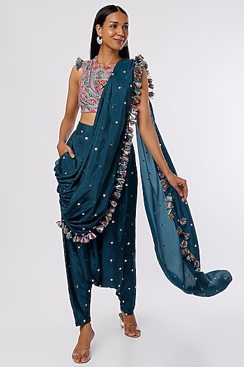 Blue Georgette Hand Embroidered Dhoti Wedding Saree Set by Payal Singhal at Pernia's Pop Up Shop