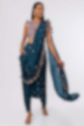 Blue Georgette Hand Embroidered Dhoti Saree Set by Payal Singhal