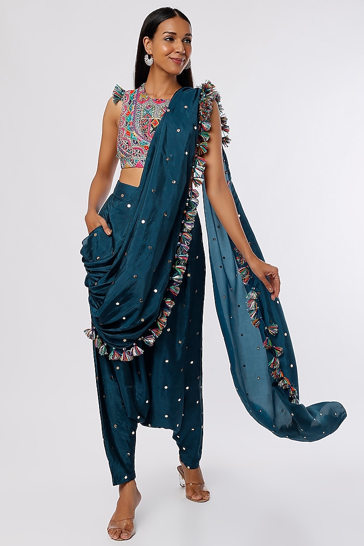 Blue Georgette Hand Embroidered Dhoti Saree Set by Payal Singhal
