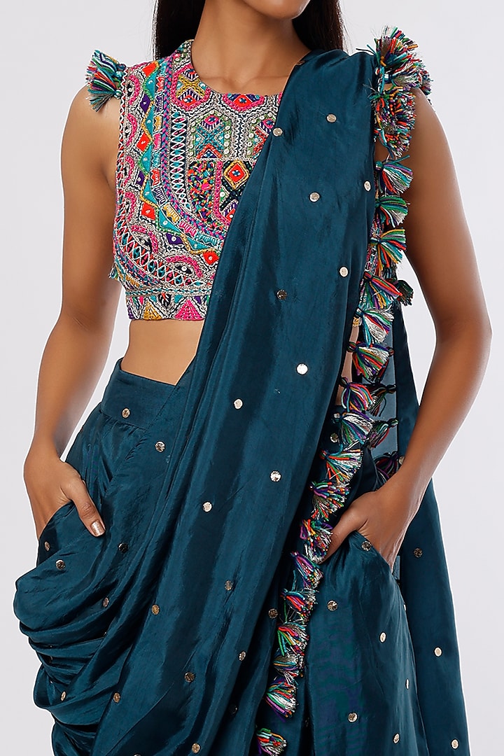 Blue Georgette Hand Embroidered Dhoti Wedding Saree Set by Payal Singhal at Pernia's Pop Up Shop