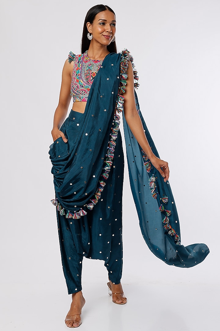 Blue Georgette Hand Embroidered Dhoti Wedding Saree Set by Payal Singhal at Pernia's Pop Up Shop