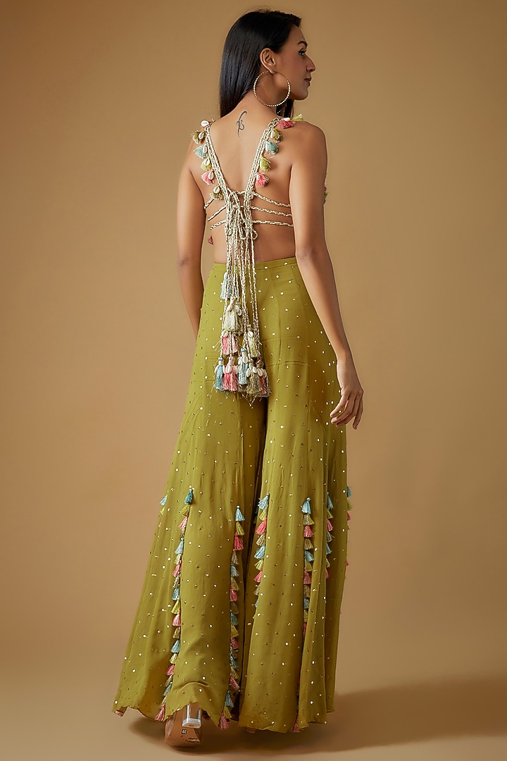 Olive Green Mukaish Georgette Wedding Sharara Set by Payal Singhal at Pernia's Pop Up Shop