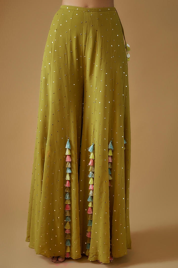 Olive Green Mukaish Georgette Wedding Sharara Set by Payal Singhal at Pernia's Pop Up Shop
