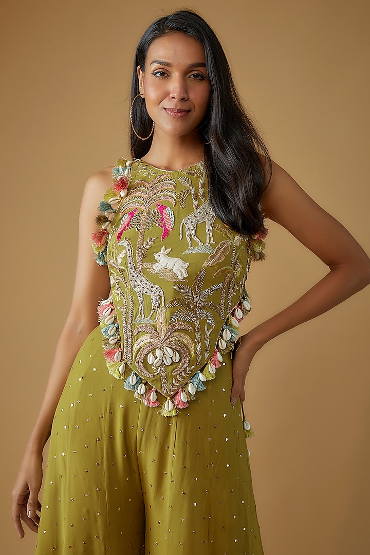 Olive Green Mukaish Georgette Wedding Sharara Set by Payal Singhal at Pernia's Pop Up Shop