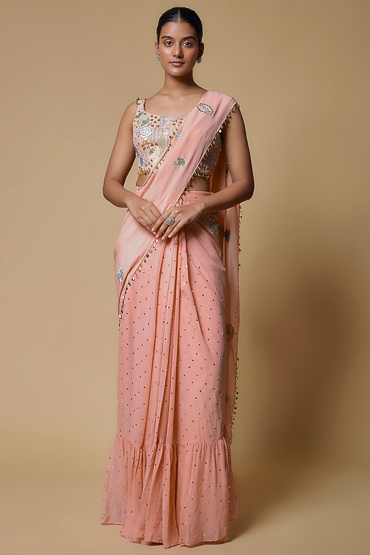 Pink Georgette Applique Embroidered Pre-Stitched Wedding Saree Set by Payal Singhal at Pernia's Pop Up Shop