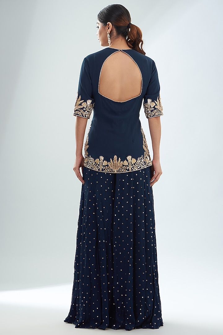 Navy Blue Mukaish Georgette Bridal Sharara Set by Payal Singhal at Pernia's Pop Up Shop