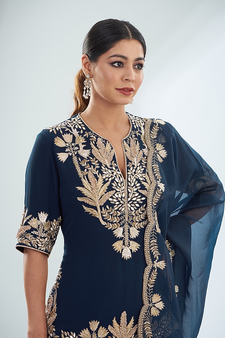 Navy Blue Mukaish Georgette Bridal Sharara Set by Payal Singhal at Pernia's Pop Up Shop