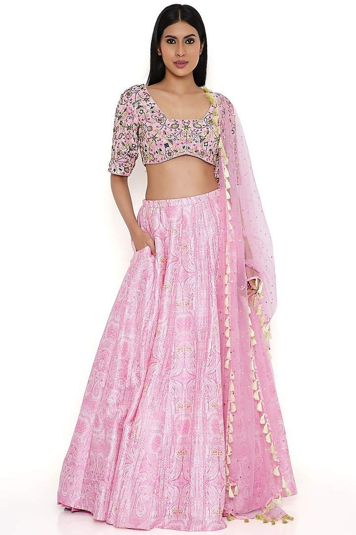 Pink Dupion Silk Printed Lehenga Set by Payal Singhal
