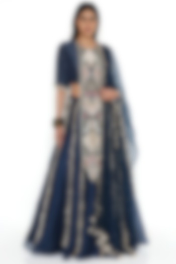 Navy Blue Organza Embroidered Wedding Lehenga Set by Payal Singhal at Pernia's Pop Up Shop