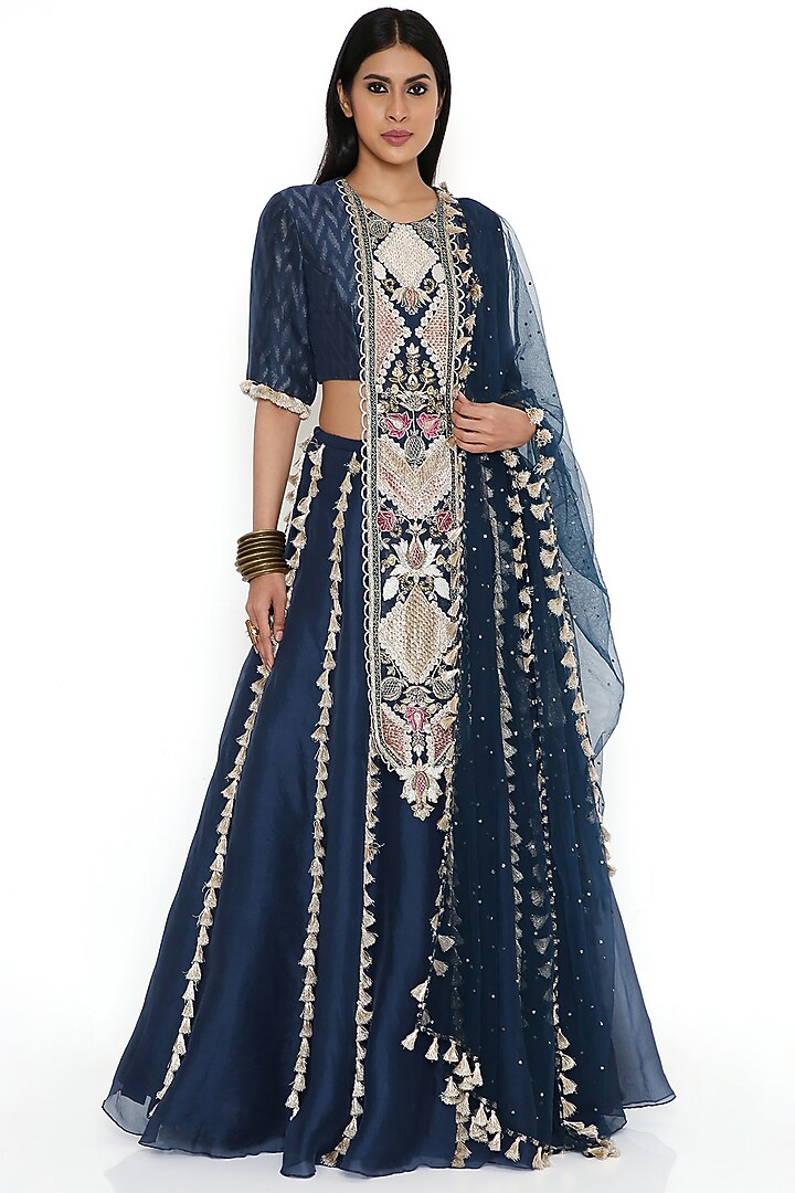 Navy Blue Organza Embroidered Wedding Lehenga Set by Payal Singhal at Pernia's Pop Up Shop