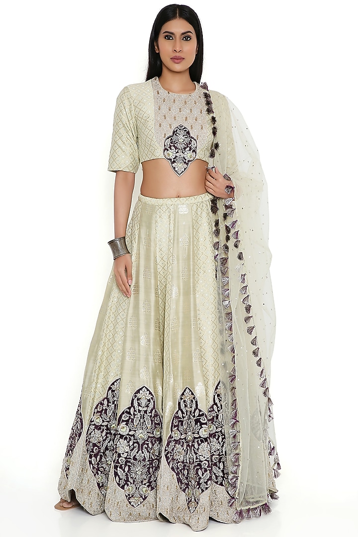 Mint Banarasi Silk Embroidered Bridal Lehenga Set by Payal Singhal at Pernia's Pop Up Shop