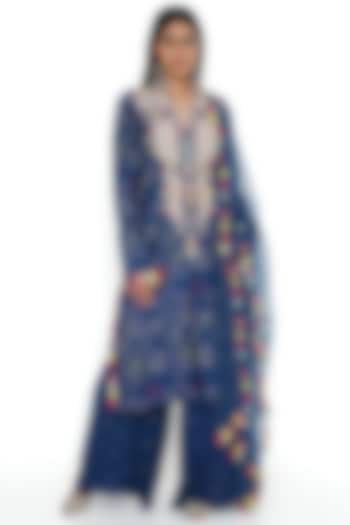 Blue Bandhani Silk Embroidered Kurta Set by Payal Singhal at Pernia's Pop Up Shop