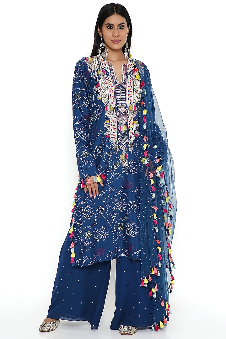 Blue Bandhani Silk Embroidered Kurta Set by Payal Singhal at Pernia's Pop Up Shop