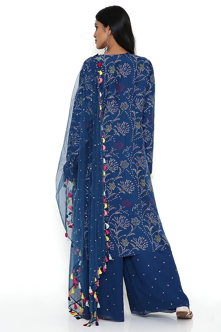 Blue Bandhani Silk Embroidered Kurta Set by Payal Singhal at Pernia's Pop Up Shop