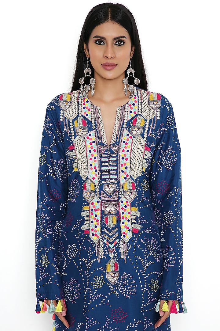 Blue Bandhani Silk Embroidered Kurta Set by Payal Singhal at Pernia's Pop Up Shop