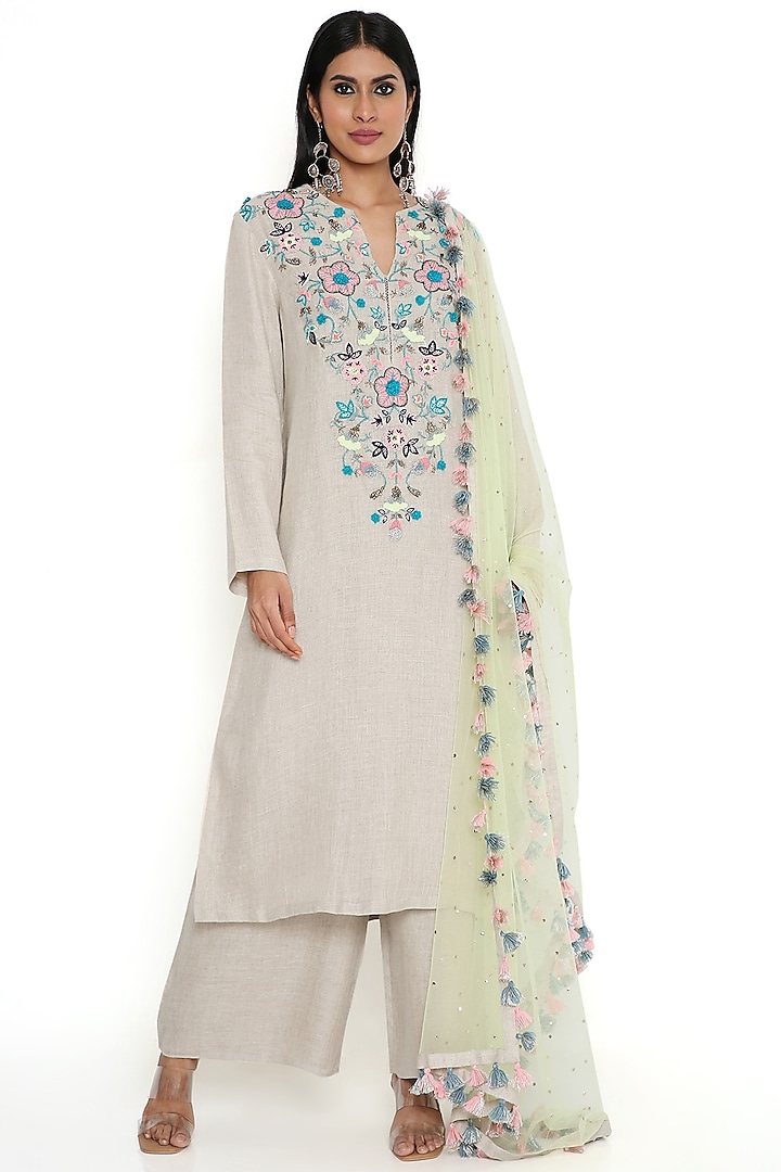 Khaki Linen Embroidered Kurta Set by Payal Singhal at Pernia's Pop Up Shop