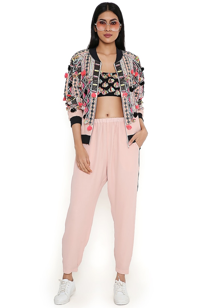 Rose Pink Georgette Embroidered Bomber Jacket Set by Payal Singhal at Pernia's Pop Up Shop