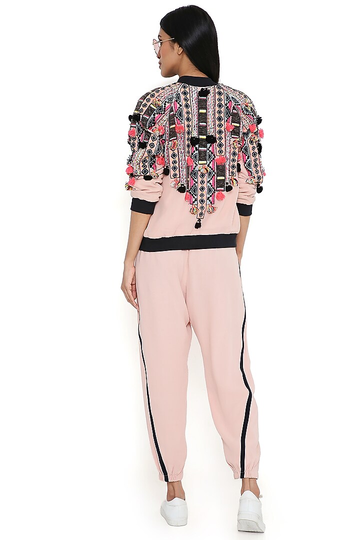 Rose Pink Georgette Embroidered Bomber Jacket Set by Payal Singhal at Pernia's Pop Up Shop