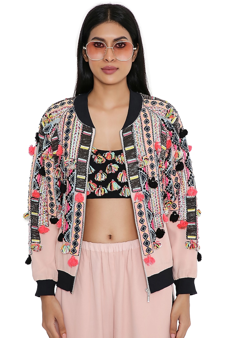 Rose Pink Georgette Embroidered Bomber Jacket Set by Payal Singhal at Pernia's Pop Up Shop