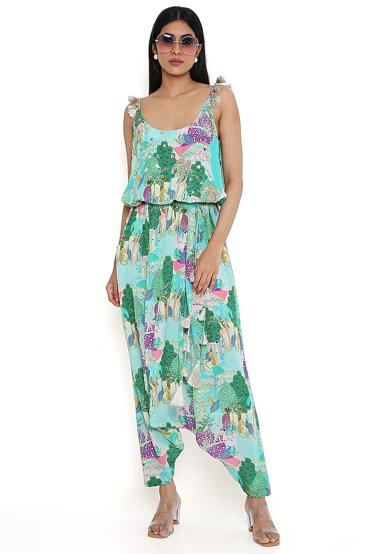 Aqua Crepe Printed Jumpsuit by Payal Singhal at Pernia's Pop Up Shop