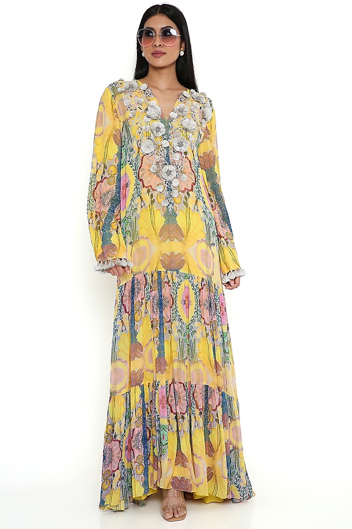 Yellow Art Georgette Printed Boho Dress by PS Pret by Payal Singhal