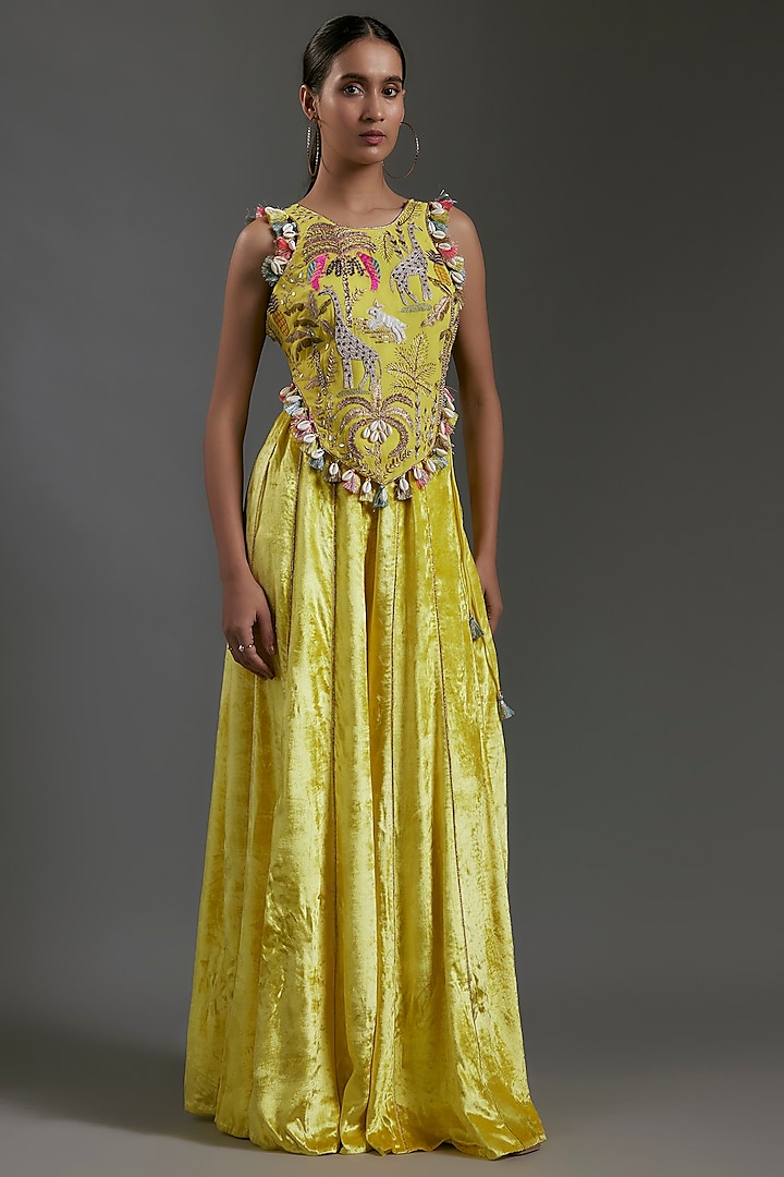 Yellow Velvet Sharara Set by Payal Singhal at Pernia's Pop Up Shop