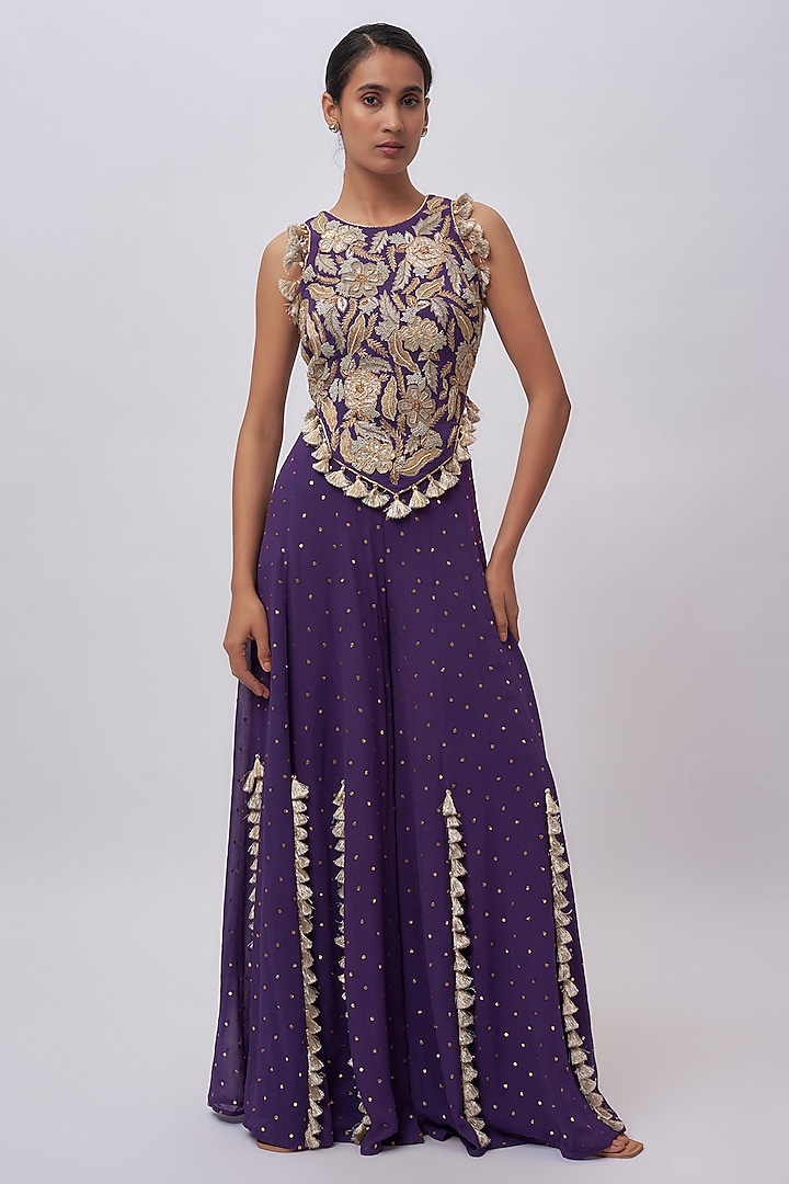 Purple Mukaish Georgette Embroidered Sharara Set by Payal Singhal at Pernia's Pop Up Shop