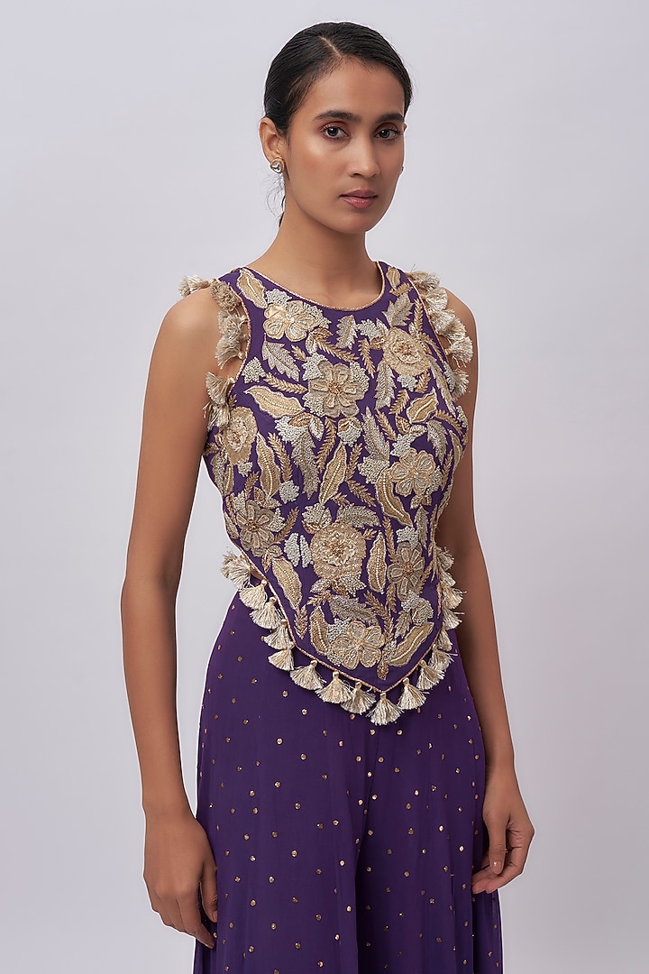 Purple Mukaish Georgette Embroidered Wedding Sharara Set by Payal Singhal at Pernia's Pop Up Shop