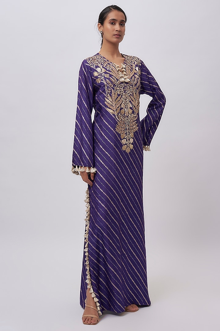 Purple Dola Silk Hand Embroidered Kaftan by Payal Singhal at Pernia's Pop Up Shop
