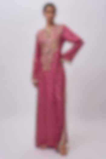 Rani Pink Dola Silk Hand Embroidered Kaftan by Payal Singhal at Pernia's Pop Up Shop