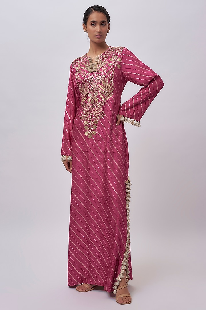 Rani Pink Dola Silk Hand Embroidered Kaftan by Payal Singhal at Pernia's Pop Up Shop