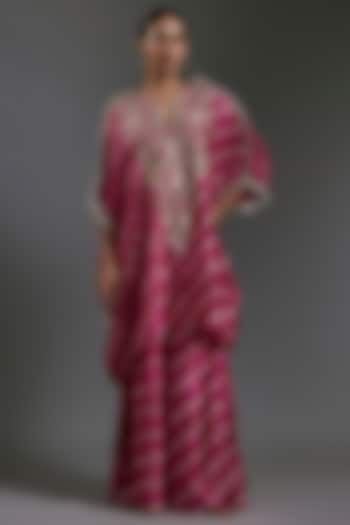 Cranberry Pink Bandhani Silk Hand Embroidered Leheriya Kaftan Set by Payal Singhal at Pernia's Pop Up Shop