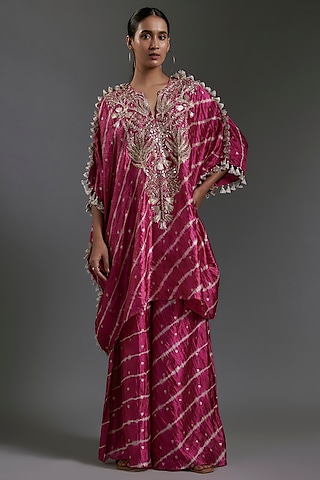 Cranberry Pink Bandhani Silk Hand Embroidered Leheriya Kaftan Set by Payal Singhal