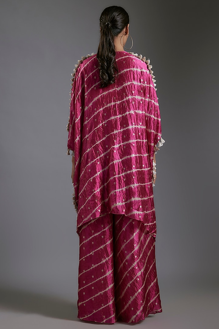 Cranberry Pink Bandhani Silk Hand Embroidered Leheriya Kaftan Set by Payal Singhal at Pernia's Pop Up Shop
