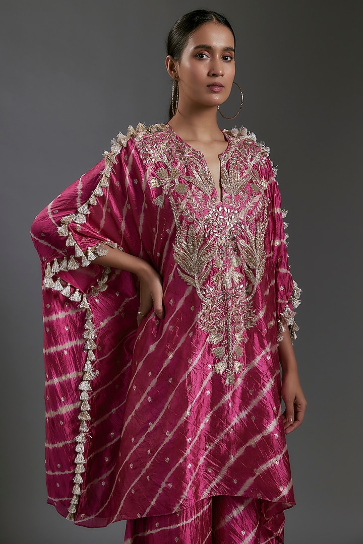 Cranberry Pink Bandhani Silk Hand Embroidered Leheriya Kaftan Set by Payal Singhal at Pernia's Pop Up Shop