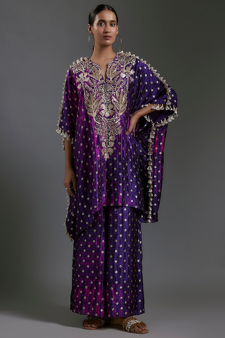 Purple Bandhani Silk Hand Embroidered Leheriya Kaftan Set by Payal Singhal at Pernia's Pop Up Shop