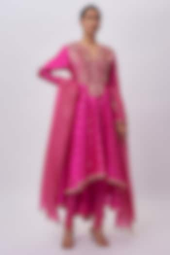 Hot Pink Bandhani Silk Hand Embroidered Anarkali Set by Payal Singhal at Pernia's Pop Up Shop