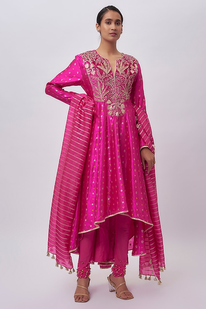 Hot Pink Bandhani Silk Hand Embroidered Anarkali Set by Payal Singhal at Pernia's Pop Up Shop