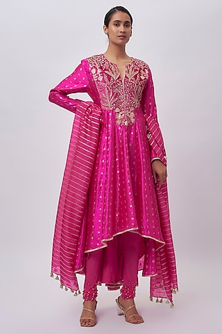 Hot Pink Bandhani Silk Hand Embroidered Anarkali Set by Payal Singhal