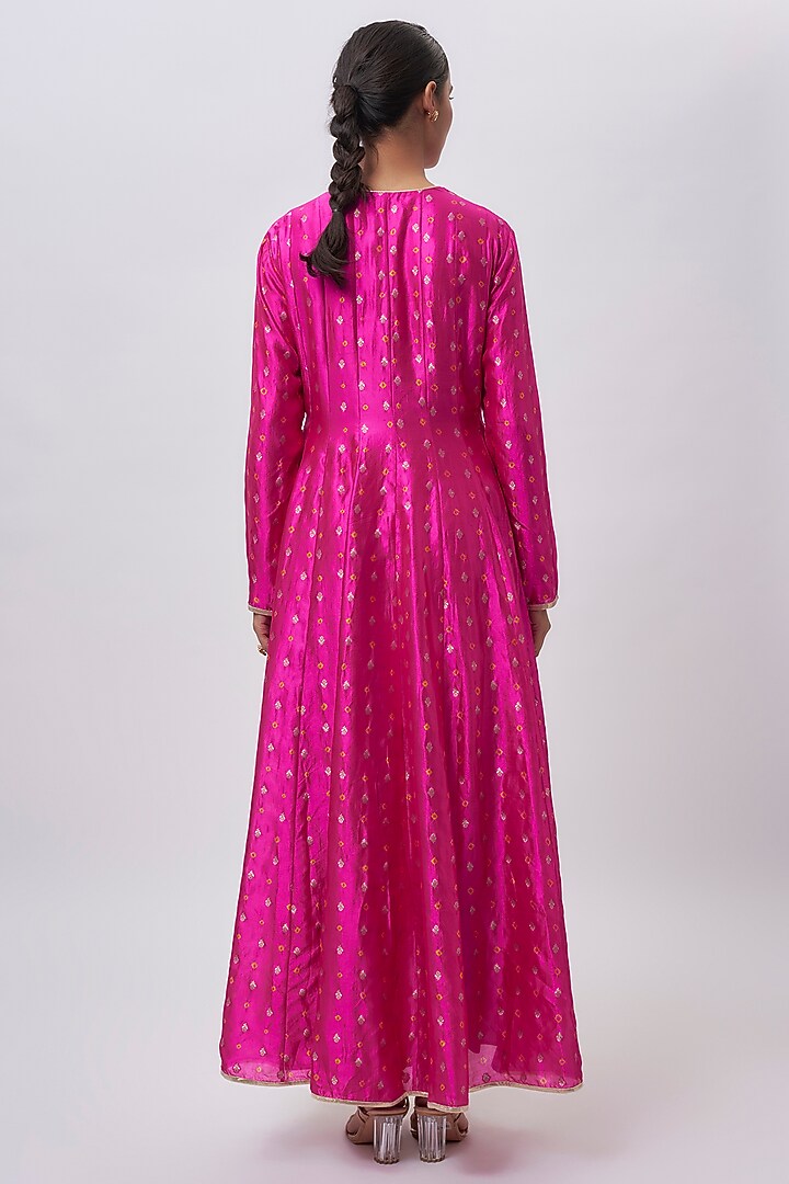 Hot Pink Bandhani Silk Hand Embroidered Bridal Anarkali Set by Payal Singhal at Pernia's Pop Up Shop