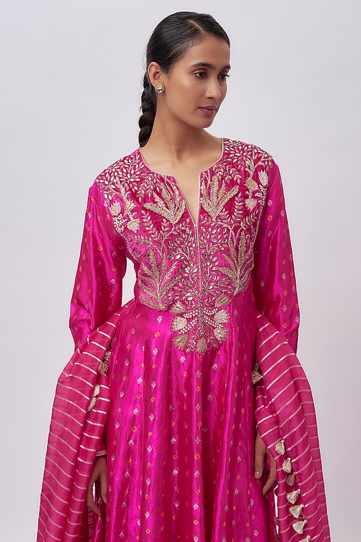 Hot Pink Bandhani Silk Hand Embroidered Bridal Anarkali Set by Payal Singhal at Pernia's Pop Up Shop