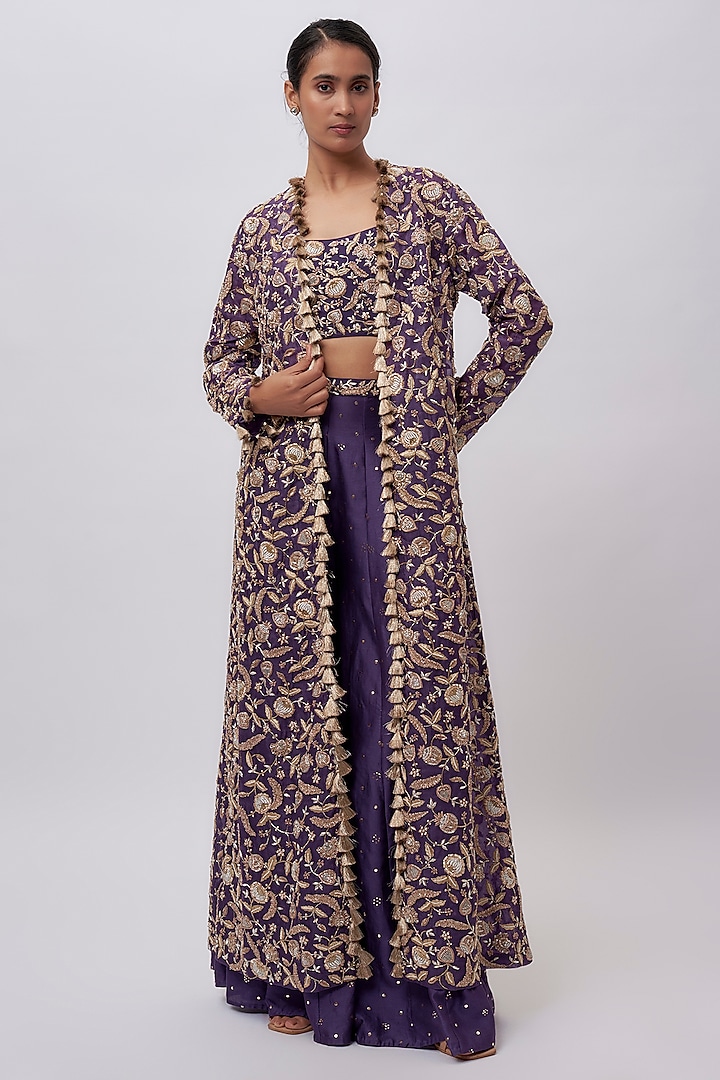 Purple Organza Hand Embroidered Jacket Set by Payal Singhal at Pernia's Pop Up Shop