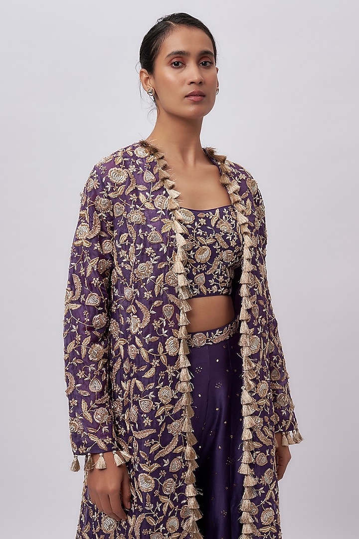 Purple Organza Hand Embroidered Jacket Set by Payal Singhal at Pernia's Pop Up Shop