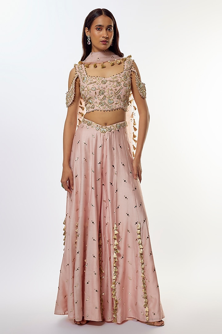 Rose Pink Mukaish Silkmul Hand Embroidered Sharara Set by Payal Singhal at Pernia's Pop Up Shop