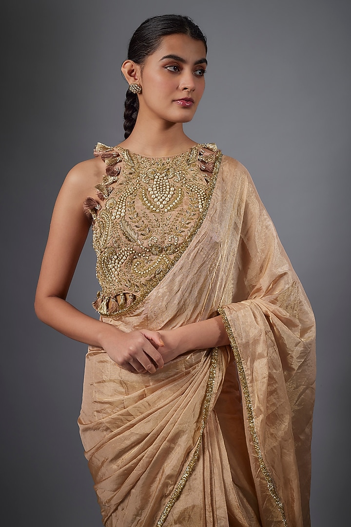 Dull Rose Tissue Hand Embroidered Wedding Saree Set by Payal Singhal at Pernia's Pop Up Shop