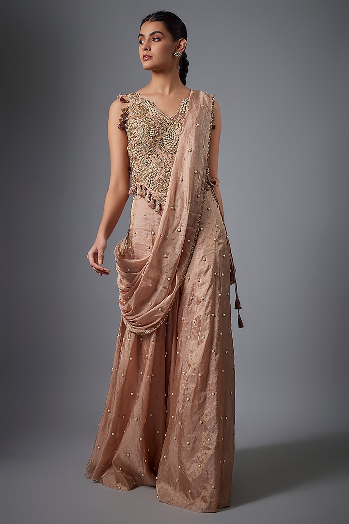 Dull Rose Tissue Hand Embroidered Sharara Saree Set by Payal Singhal at Pernia's Pop Up Shop