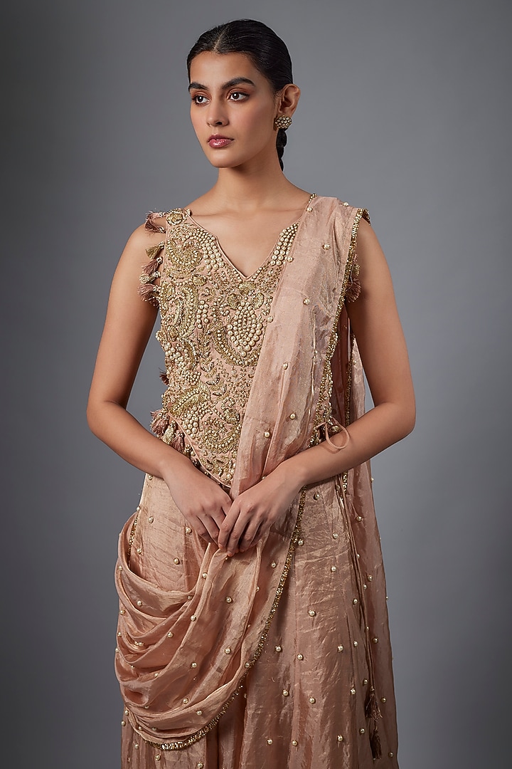 Dull Rose Tissue Hand Embroidered Sharara Reception Saree Set by Payal Singhal at Pernia's Pop Up Shop