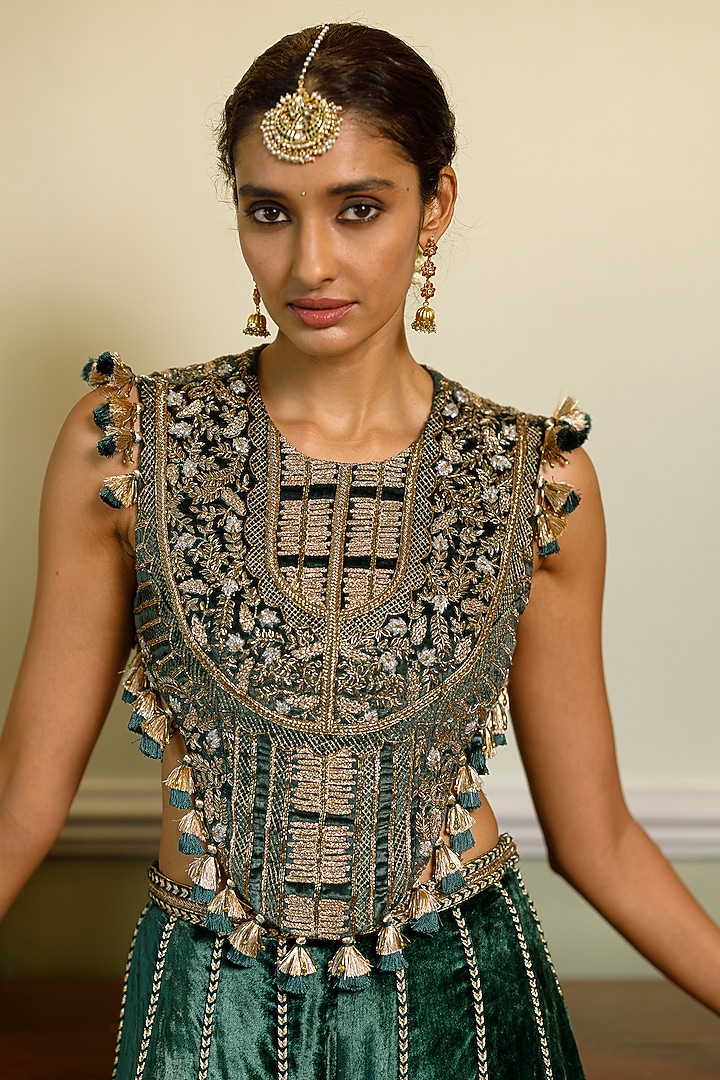 Emerald Green Velvet Embroidered Wedding Sharara Set by Payal Singhal at Pernia's Pop Up Shop
