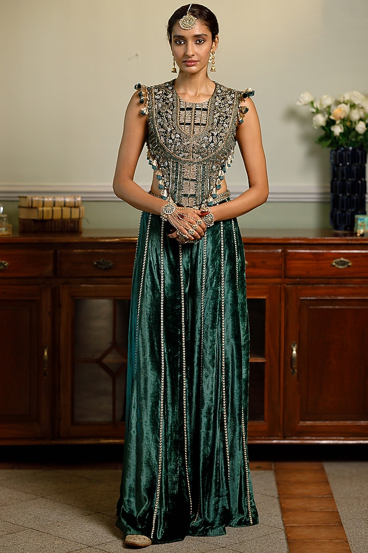 Emerald Green Velvet Embroidered Wedding Sharara Set by Payal Singhal at Pernia's Pop Up Shop