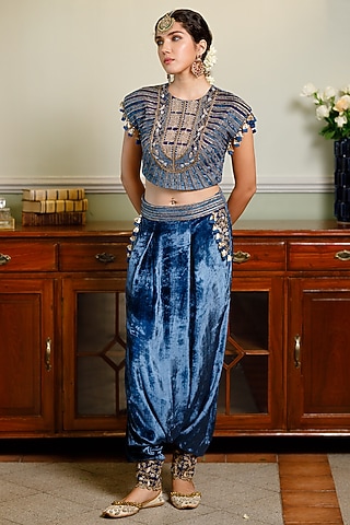 Navy Blue Velvet Embroidered Dhoti Pant Set by Payal Singhal